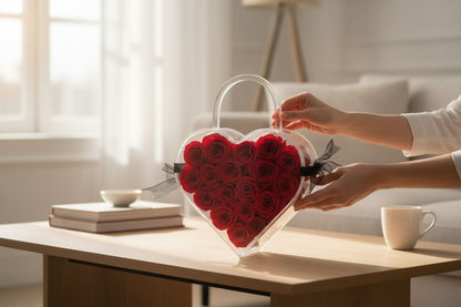 Luxuriöses Rosenarrangement – ​​19 herzförmige, kryogene Rosen